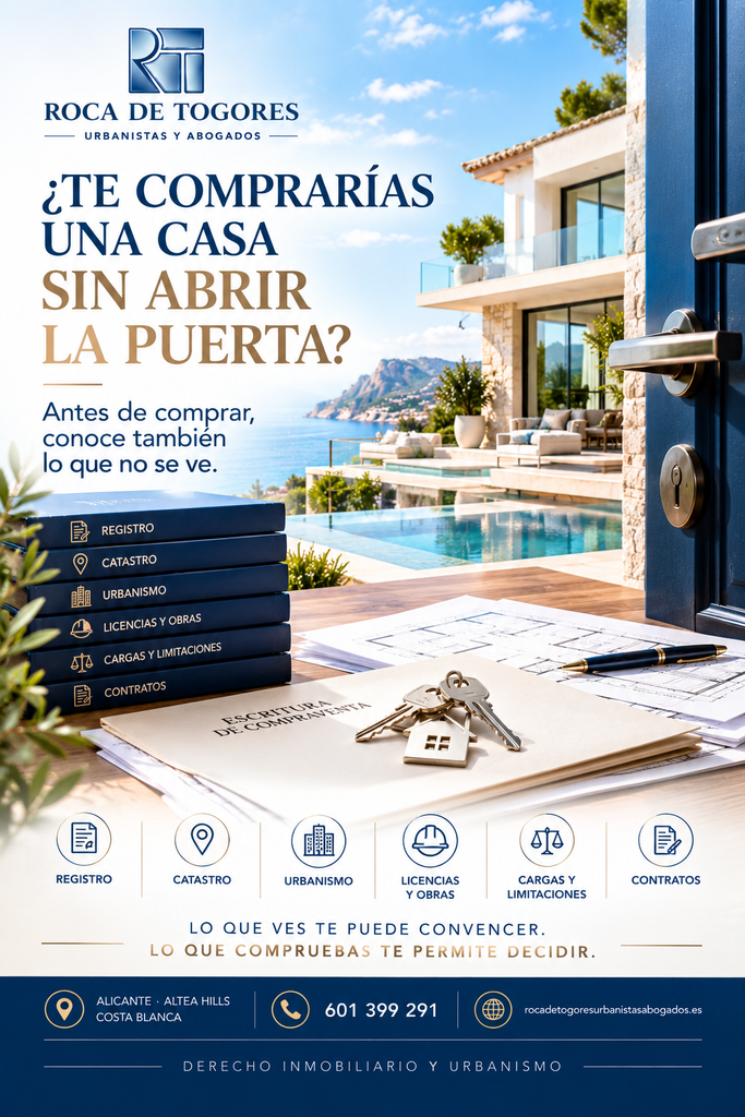 Imagen corporativa de Roca de Togores Urbanistas y Abogados que representa la importancia de revisar los aspectos jurídicos y urbanísticos de una vivienda antes de comprar. Incluye referencias al Registro, Catastro, Urbanismo, licencias, cargas y contratos, con especialización en operaciones inmobiliarias en Alicante, Altea y la Costa Blanca.