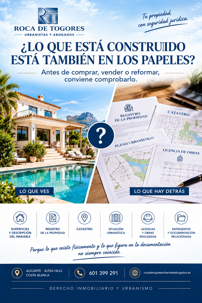 Imagen de Roca de Togores Urbanistas y Abogados que representa la comprobación de la realidad física, registral, catastral y urbanística de una propiedad. La imagen muestra una vivienda junto a documentación relativa al Registro de la Propiedad, Catastro, planeamiento urbanístico, licencias y obras realizadas.