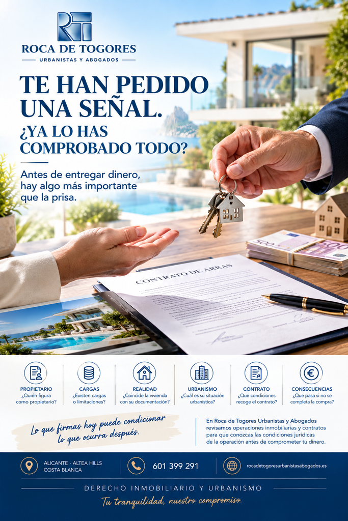 Abogado inmobiliario en Alicante revisando un contrato de arras antes de entregar una señal por una vivienda
